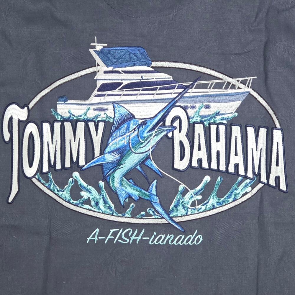 Tommy Bahama Silk Embroidered Back Camp Shirt Short Sleeve A-Fish-Ionado sz L